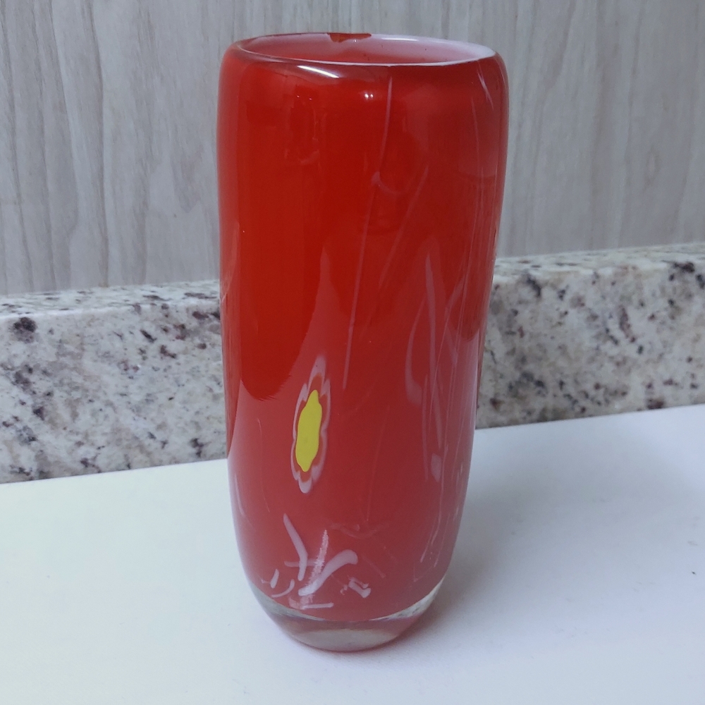 Eastern Art Glass Vase Red floral Hand Blown Cased Abstract